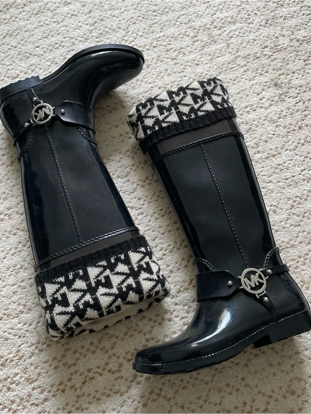 Michael Kors Black Logo-Trim Rain Boots with Knit Cuff